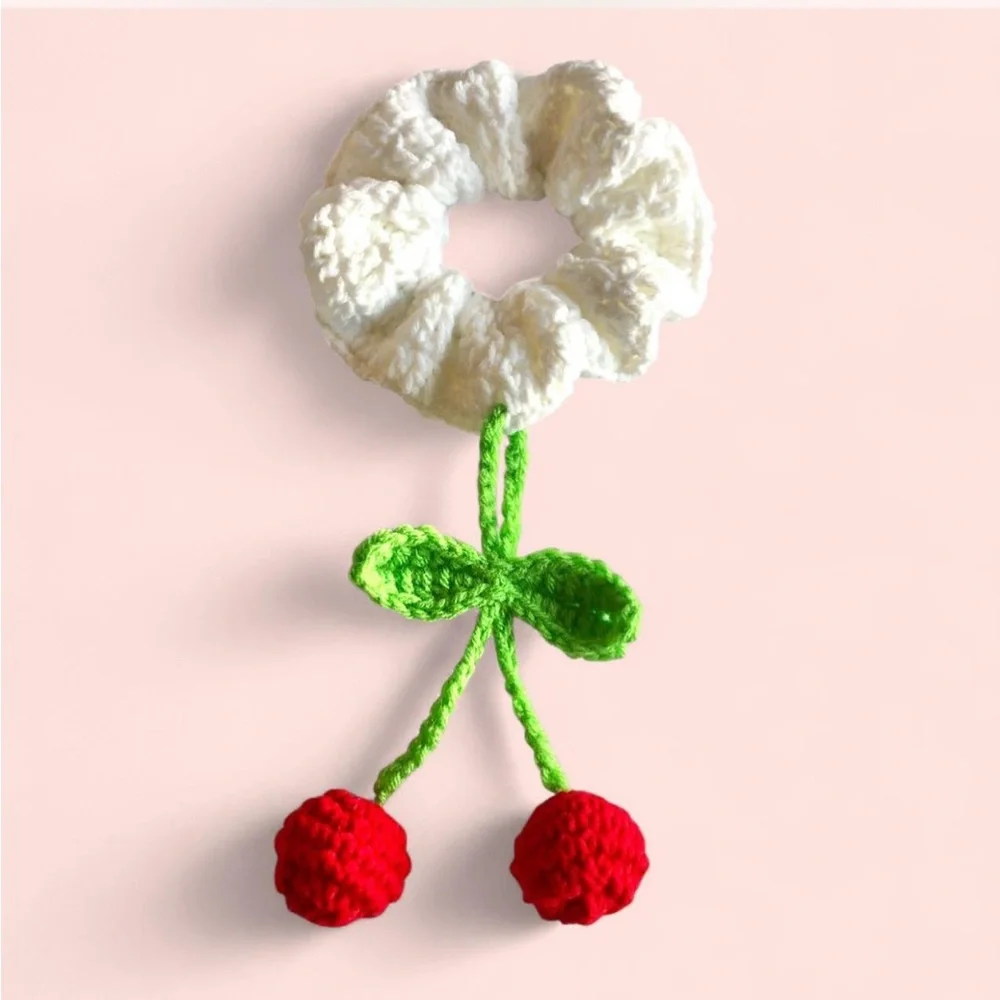 crochet xl scrunchie 2 piece set in white and black with hanging cherries